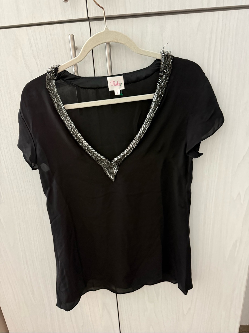 Parker Black V-Neck Beaded Short Sleeve Blouse